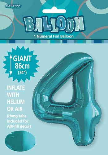 Caribbean Teal "4" Numeral Foil Balloon 86cm (34"